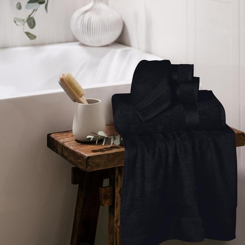 Ultra Soft 6 Pack Cotton Towel Set, Conta 2 Bath Towels 28x55 inch, 2 Hand Towels 16x24 inch & 2 Wash Coths 12x12 inch, Ideal for Everyday use, Compact & Lightweight - Black