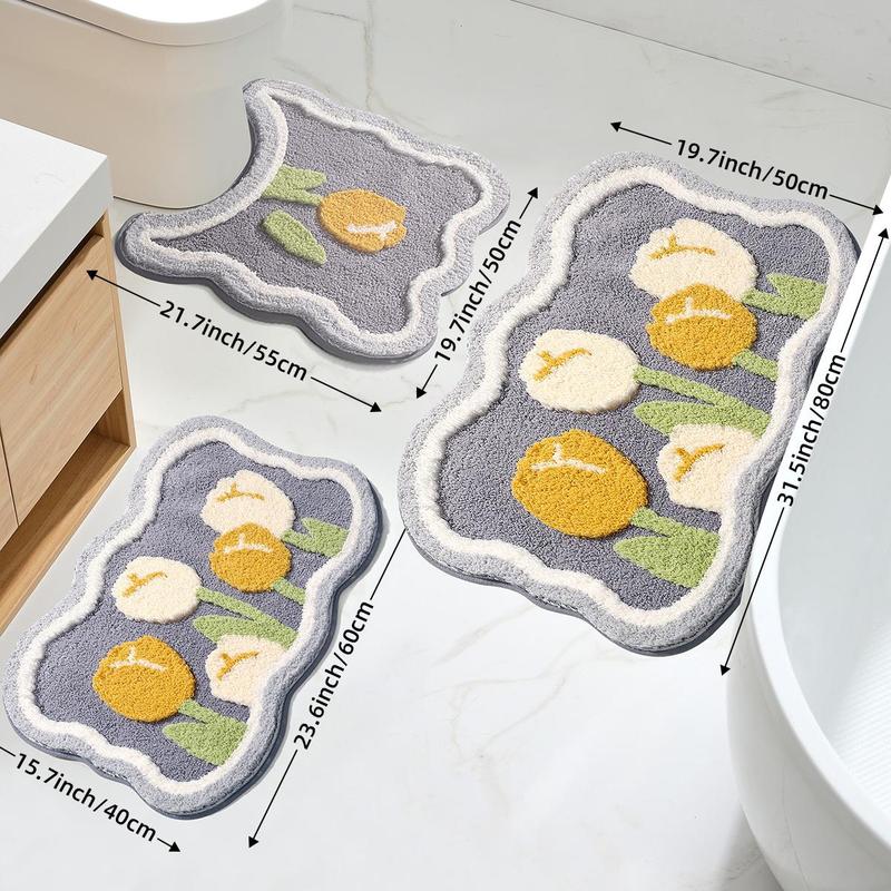 Flower Pattern Bathroom Mat, 3 Counts set Irregular Shape Non-slip Bathroom Floor Carpet, Water Absorbent Bath Mat for Home Bathroom