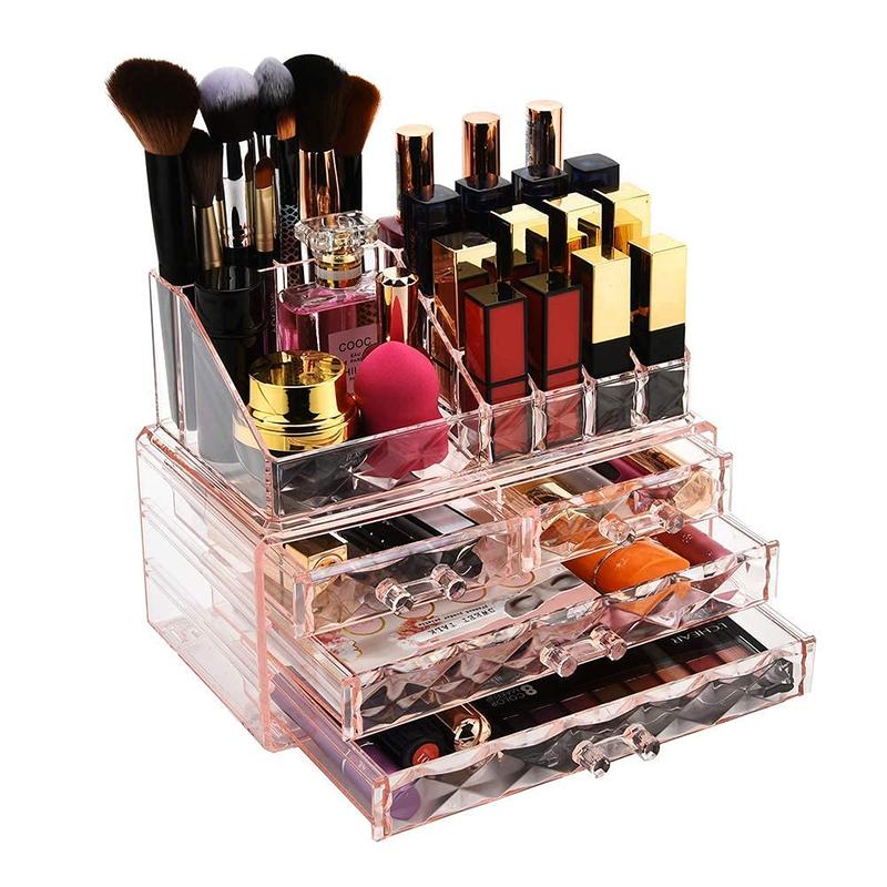 Jewelry and Cosmetic Boxes with Brush Holder - Pink Diamond Pattern Storage Display Cube Including 4 Drawers and 2 Pieces Set