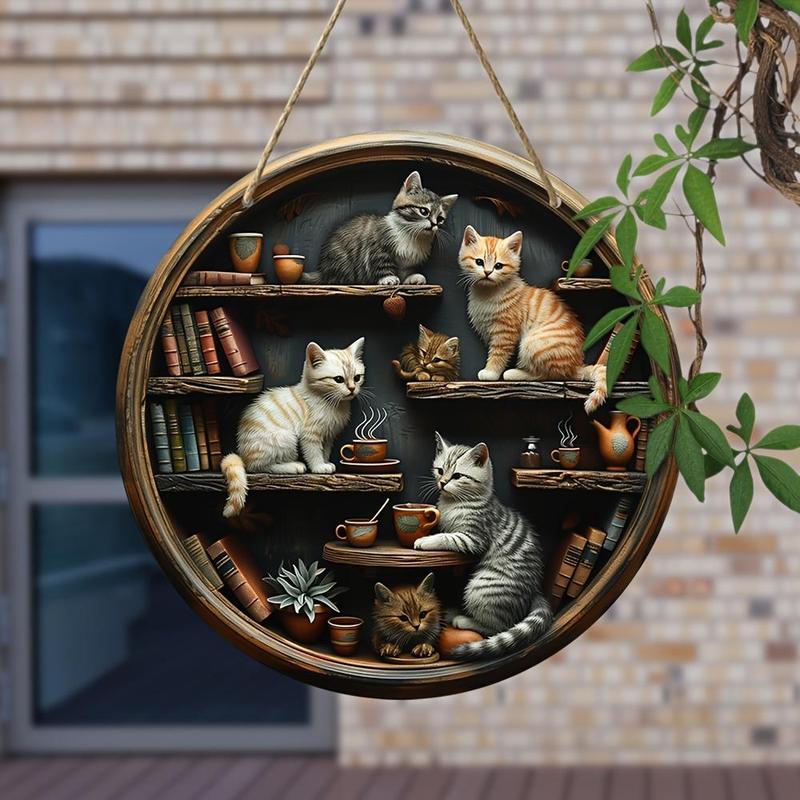 Round Cat Bookcase Pattern Wooden Hanging Sign, 1 Count Cat Pattern Hanging Decor, Wall Decor for Home Living Room Bedroom