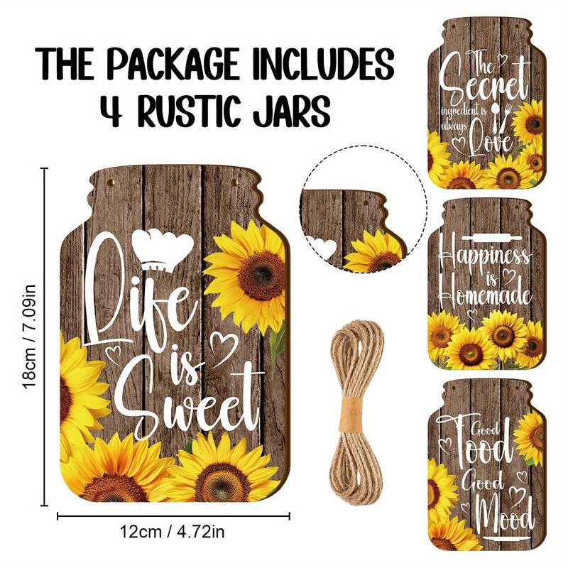 Wooden Mason Jar Shaped Decoration, 4 Counts set Sunflower Pattern Wall Art, Inspirational Farmhouse Wall Sign for Home Bedroom Living Room