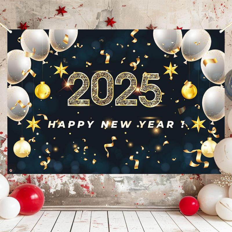 2025 Happy New Year Banner, 1 Count New Year Party Decoration Backdrop, Vibrant Holiday Winter Decoration for Outdoor & Home Garden