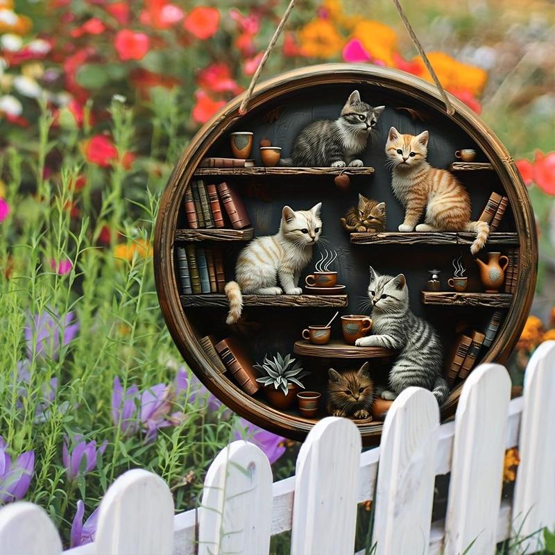 Round Cat Bookcase Pattern Wooden Hanging Sign, 1 Count Cat Pattern Hanging Decor, Wall Decor for Home Living Room Bedroom