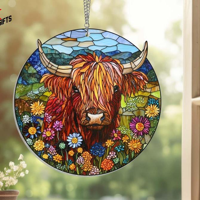 Floral Highland Cow Suncatcher Window Hanging, Cow lover gift, Stained Glass Ornament, Housewarming, Christmas Indoor Hangable Decoration