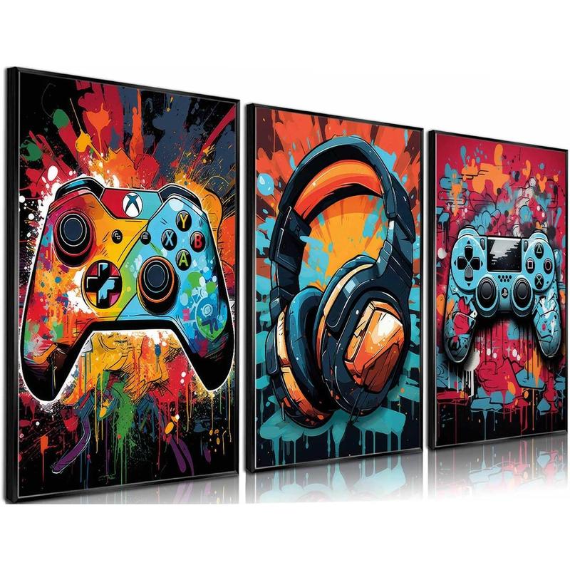 3 Pack Cool Gaming Wall Art Retro Video Game Watercolor Poster Picture Colorful Neon Gamepad Canvas Painting Prints for Boys Room Playroom Bedroom Boys Home Decor 12x16 Inch Unframed