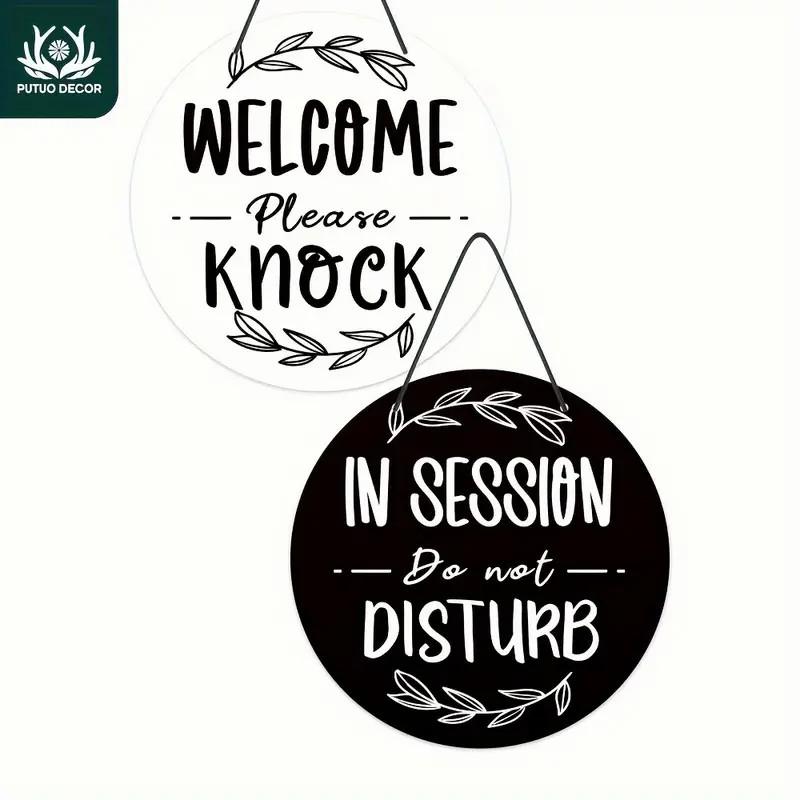 Putuo Decor 1 count Round PVC Reversible Double Sided Sign, In Session Welcome Please Konck Please Do Not Disturb, Hanging Plaque for Home Farmhouse Office Clinic Meeting Room, 9 X 9 Inches Gifts