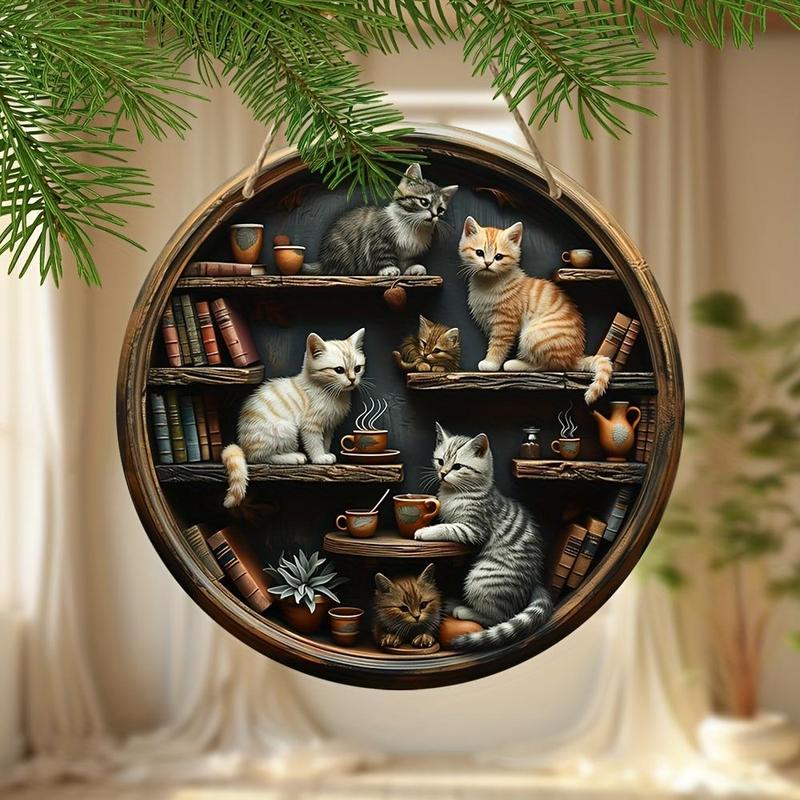 Round Cat Bookcase Pattern Wooden Hanging Sign, 1 Count Cat Pattern Hanging Decor, Wall Decor for Home Living Room Bedroom