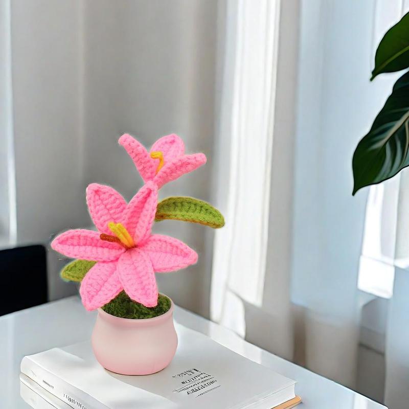 Lily Flower Decorative Plant, Mini Artificial Crochet Flower Plant with Pot, Desktop Ornament for Home Office Car Dormitory Living Room