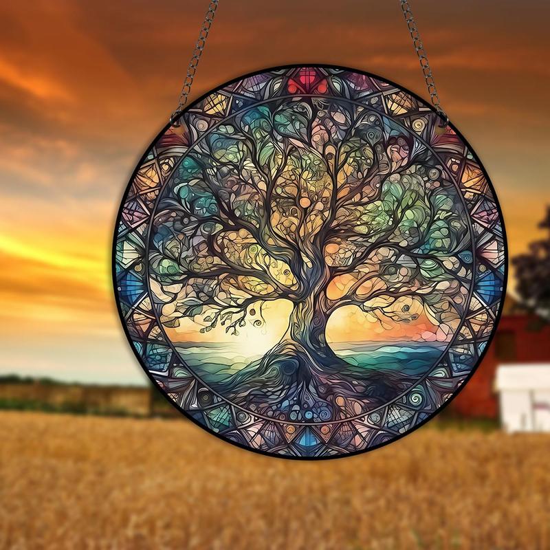 Tree Of Life Pattern Acrylic Hanging Sign, 4 Counts Colorful Art Exquisite Round Wall Decor, Wall Hanging Decor for Home Living Room Bedroom Coffee Shop Office Gallery