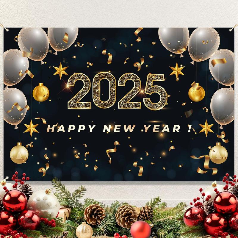 2025 Happy New Year Banner, 1 Count New Year Party Decoration Backdrop, Vibrant Holiday Winter Decoration for Outdoor & Home Garden