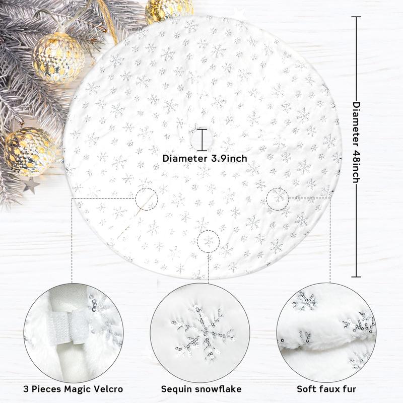 48 Inch Christmas Tree Skirt Rug for Christmas Tree Holiday Party Decoration White Plush Silver Sequin Snowflake (Silver)   Ornaments