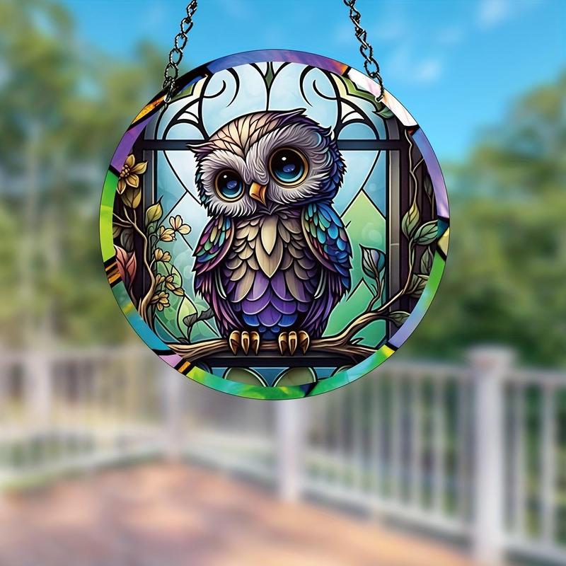 Owl Pattern Suncatcher, Round Hanging Decoration, Hanging Ornament for Home Window Garden Party