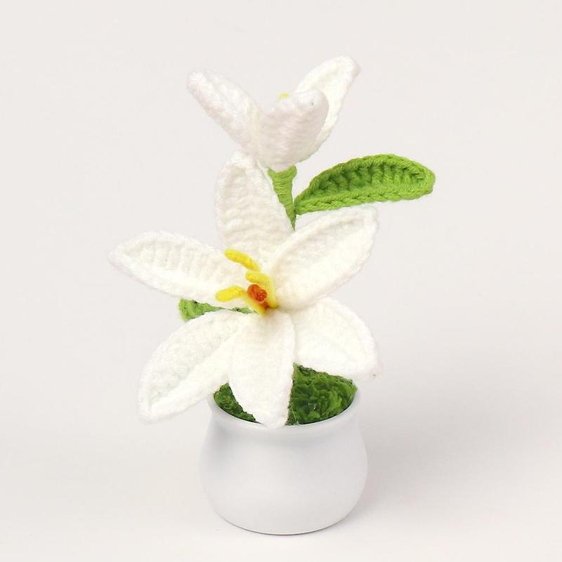 Lily Flower Decorative Plant, Mini Artificial Crochet Flower Plant with Pot, Desktop Ornament for Home Office Car Dormitory Living Room