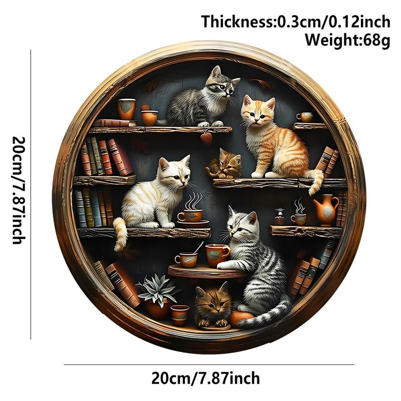 Round Cat Bookcase Pattern Wooden Hanging Sign, 1 Count Cat Pattern Hanging Decor, Wall Decor for Home Living Room Bedroom