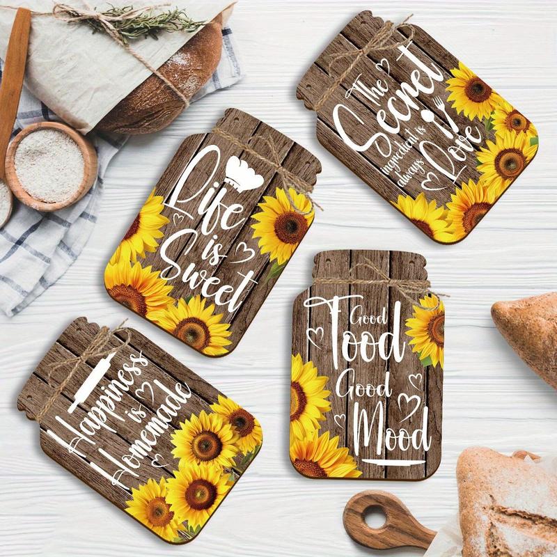 Wooden Mason Jar Shaped Decoration, 4 Counts set Sunflower Pattern Wall Art, Inspirational Farmhouse Wall Sign for Home Bedroom Living Room