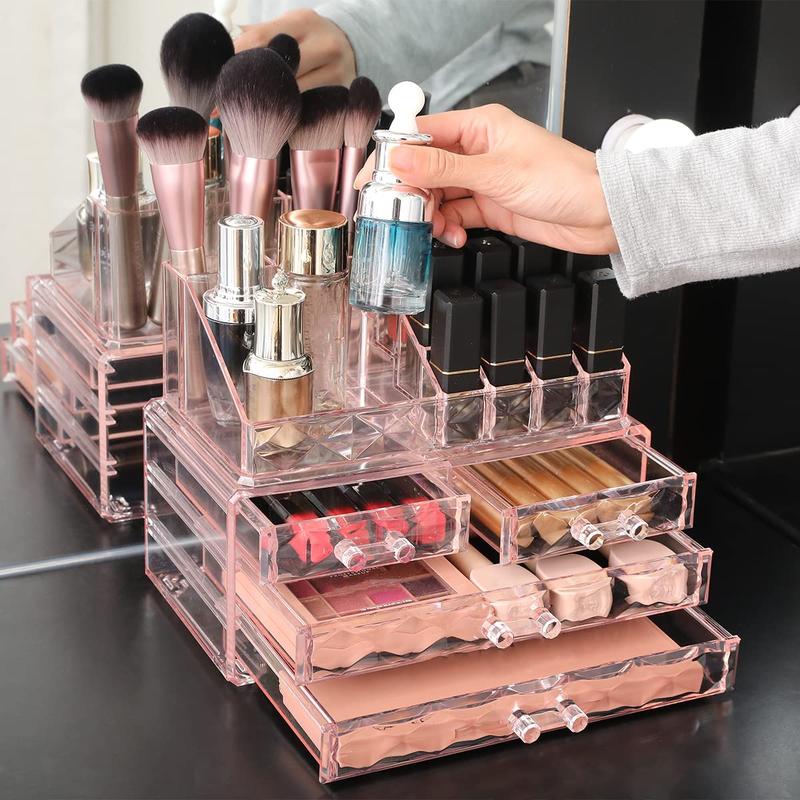 Jewelry and Cosmetic Boxes with Brush Holder - Pink Diamond Pattern Storage Display Cube Including 4 Drawers and 2 Pieces Set