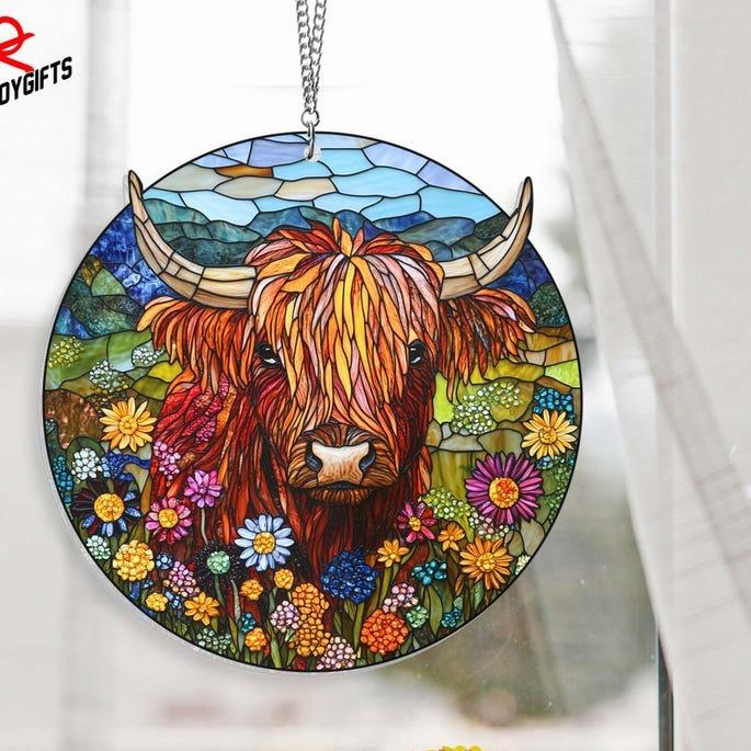 Floral Highland Cow Suncatcher Window Hanging, Cow lover gift, Stained Glass Ornament, Housewarming, Christmas Indoor Hangable Decoration