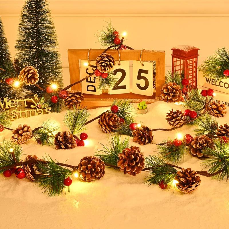 2 Pack Christmas Garland with Lights, 6.6Ft Prelit Christmas Garland, Lighted Christmas Garland, Pine Garland with Pine Cones, Red Berry, Christmas Decoration, Winter Home Mantle Fireplace Table，Black Friday Deal.