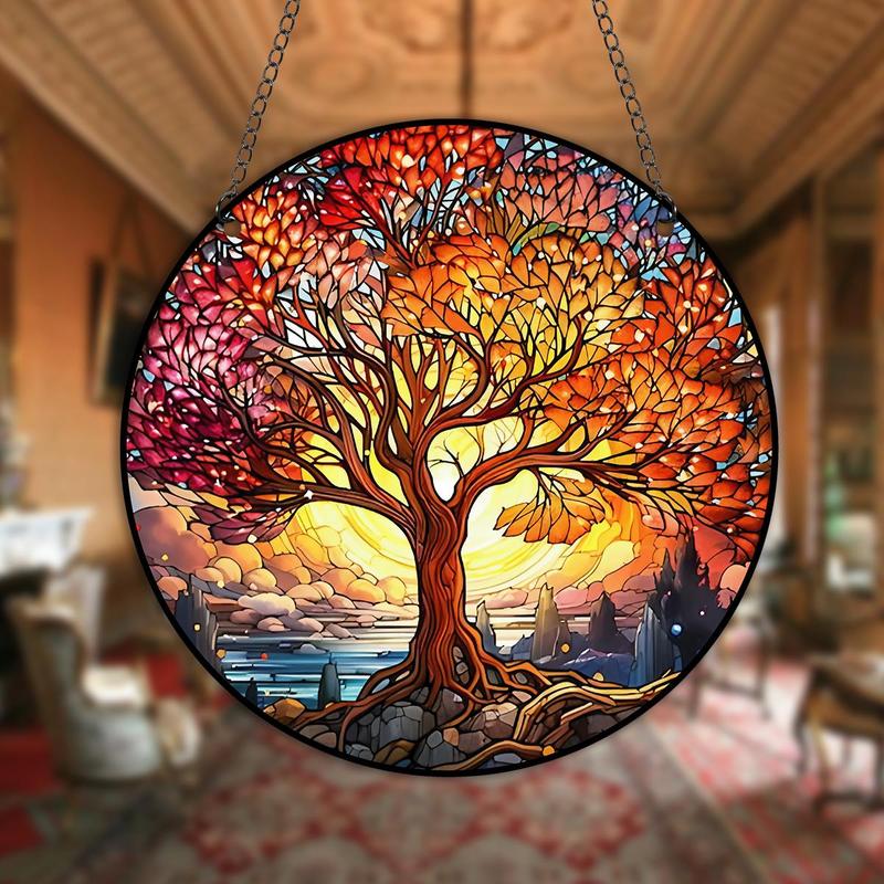 Tree Of Life Pattern Acrylic Hanging Sign, 4 Counts Colorful Art Exquisite Round Wall Decor, Wall Hanging Decor for Home Living Room Bedroom Coffee Shop Office Gallery