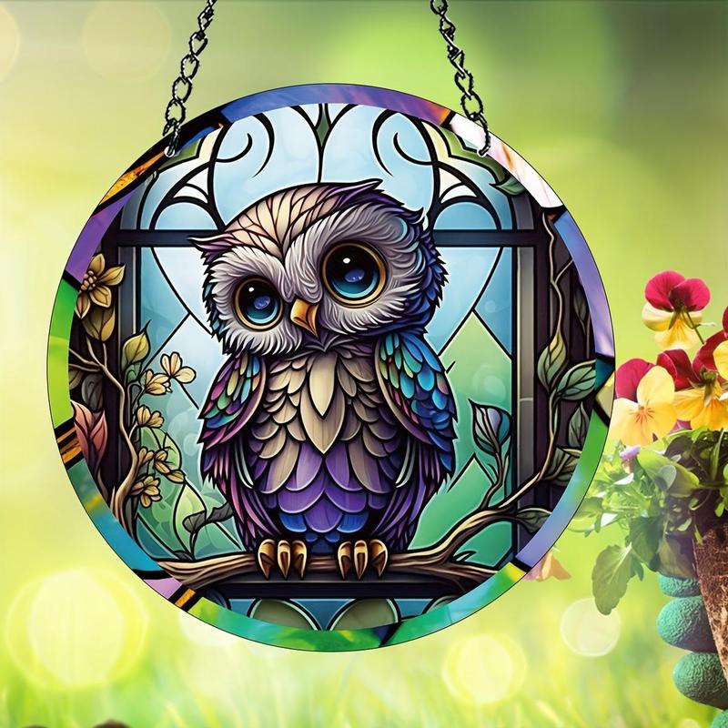 Owl Pattern Suncatcher, Round Hanging Decoration, Hanging Ornament for Home Window Garden Party