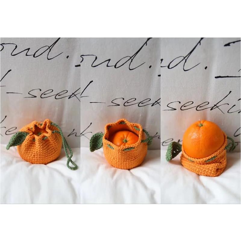 Cute Tangerine Shaped Small Storage Bag, Crochet Drawstring Bags, Mini Handwoven Cotton Handbag, Coin Purse Pouch, Orange Knitting Change Wallet, Earbuds...