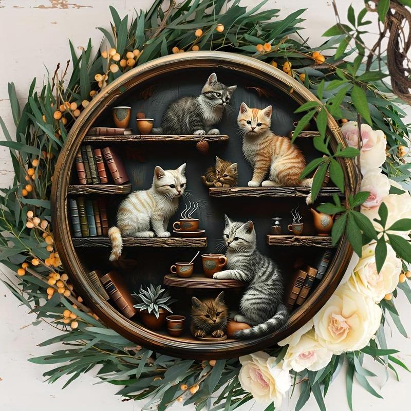 Round Cat Bookcase Pattern Wooden Hanging Sign, 1 Count Cat Pattern Hanging Decor, Wall Decor for Home Living Room Bedroom