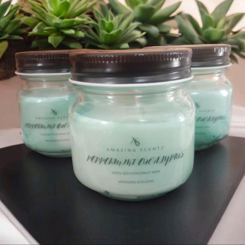 Peppermint Eucalyptus Mason Jar Homemade Candles 8oz- Scent