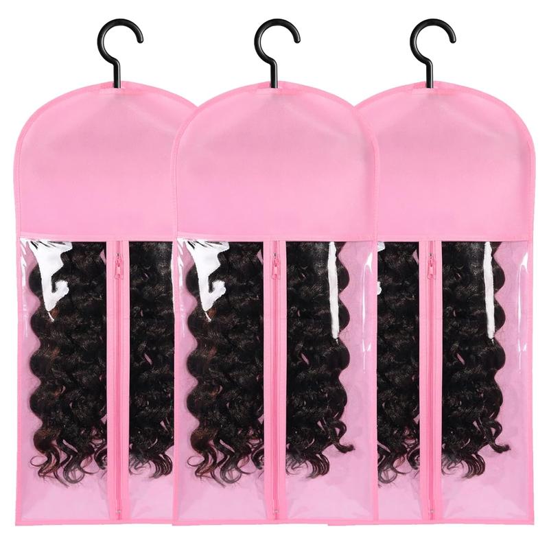 3PCS Hair Extension Holder Dust-proof Wig Bags Storage with Hanger Portable Wig Storage for Multiple Wigs Holder Wig Hanger for Multiple Wigs stand with Transparent Zip Up Closure wigs & accessories