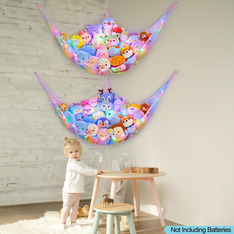 Stuffed Animals Net or Hammock Kids Toy Storage Organizer with LED Light Hanging Corner Stuffed Animals Holder Kids Girls Room Decor