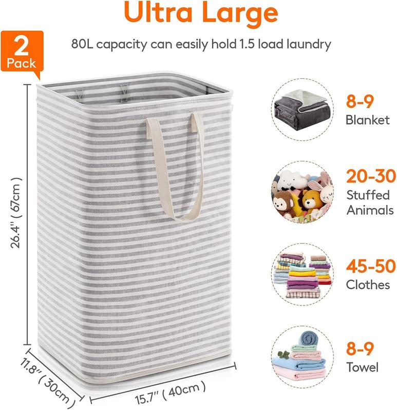 2 Pack Laundry Hamper Large Collapsible Laundry Baskets, Freestanding Waterproof Clothes Hamper with Easy Carry Organiser Steel