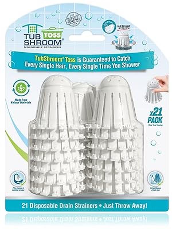 TubShroom Toss 21pk Disposable Bathtub Drain Strainers | Hair Catcher for Shower to Prevent Clogs, Traps Human and Pet Hair (White)