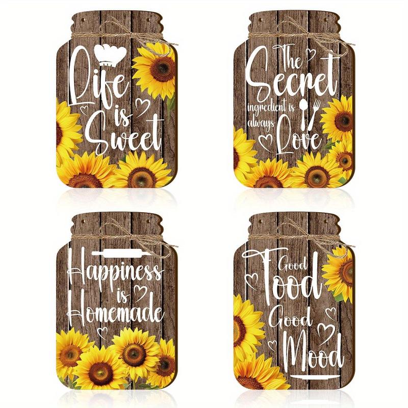 Wooden Mason Jar Shaped Decoration, 4 Counts set Sunflower Pattern Wall Art, Inspirational Farmhouse Wall Sign for Home Bedroom Living Room