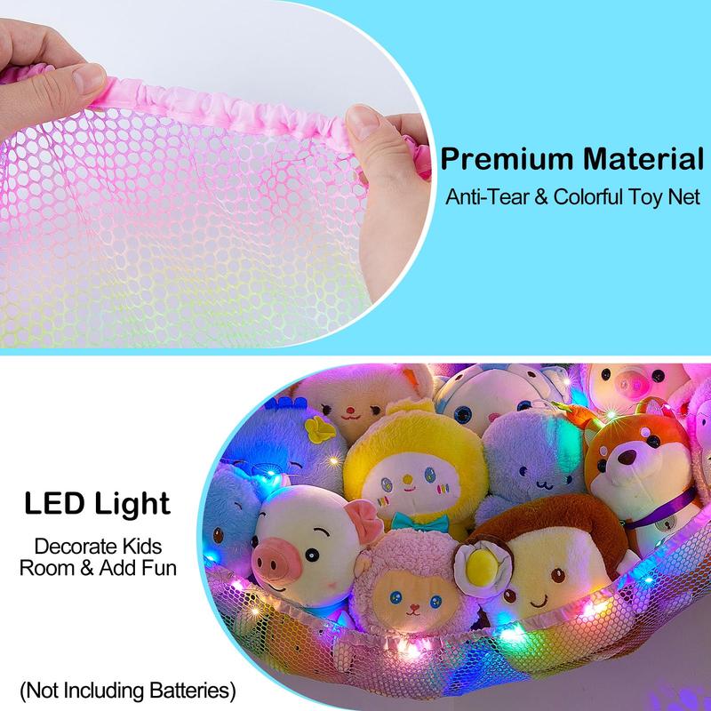 Stuffed Animals Net or Hammock Kids Toy Storage Organizer with LED Light Hanging Corner Stuffed Animals Holder Kids Girls Room Decor