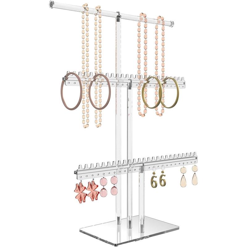 Jewelry Stand, Earring Holder, Necklace Holder Stand, Clear 3-Tier  Large Storage Jewelry Organizer Stand & Bracelet Bangles Stand, 48 Earring Holes Display Stands