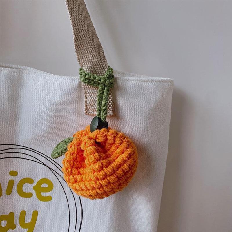 Cute Tangerine Shaped Small Storage Bag, Crochet Drawstring Bags, Mini Handwoven Cotton Handbag, Coin Purse Pouch, Orange Knitting Change Wallet, Earbuds...