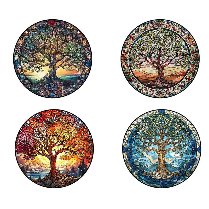 Tree Of Life Pattern Acrylic Hanging Sign, 4 Counts Colorful Art Exquisite Round Wall Decor, Wall Hanging Decor for Home Living Room Bedroom Coffee Shop Office Gallery