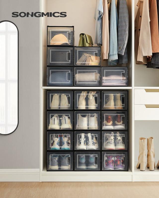 SONGMICS Shoe Boxes Shoe Storage Organizers, Stackable and Foldable for Sneakers, Shoe Rack, Small Space Organizer, Closet Organizer