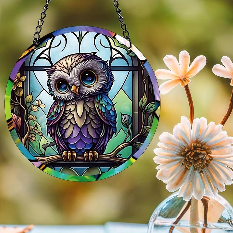 Owl Pattern Suncatcher, Round Hanging Decoration, Hanging Ornament for Home Window Garden Party