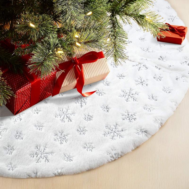 48 Inch Christmas Tree Skirt Rug for Christmas Tree Holiday Party Decoration White Plush Silver Sequin Snowflake (Silver)   Ornaments