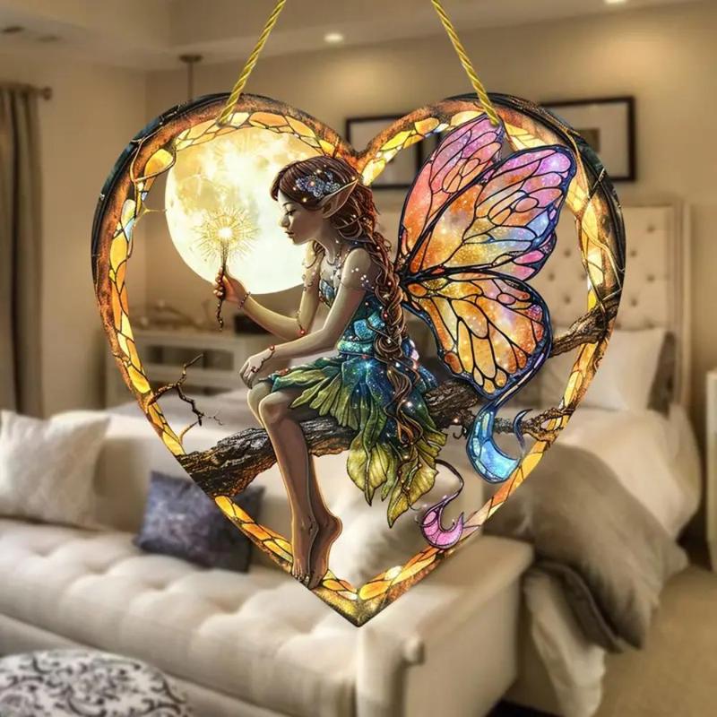 Heart Shaped Fairy Pattern Acrylic Hanging Ornament, 1 Count Colorful Glass Effect Hanging Decoration, Gift for Friend & Mom, Party Decoration Supplies