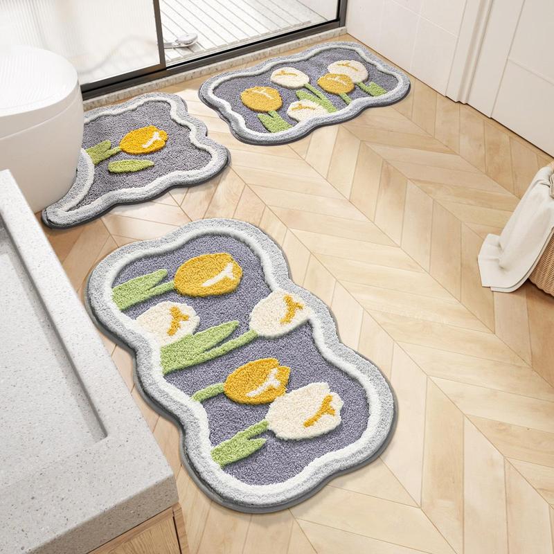 Flower Pattern Bathroom Mat, 3 Counts set Irregular Shape Non-slip Bathroom Floor Carpet, Water Absorbent Bath Mat for Home Bathroom