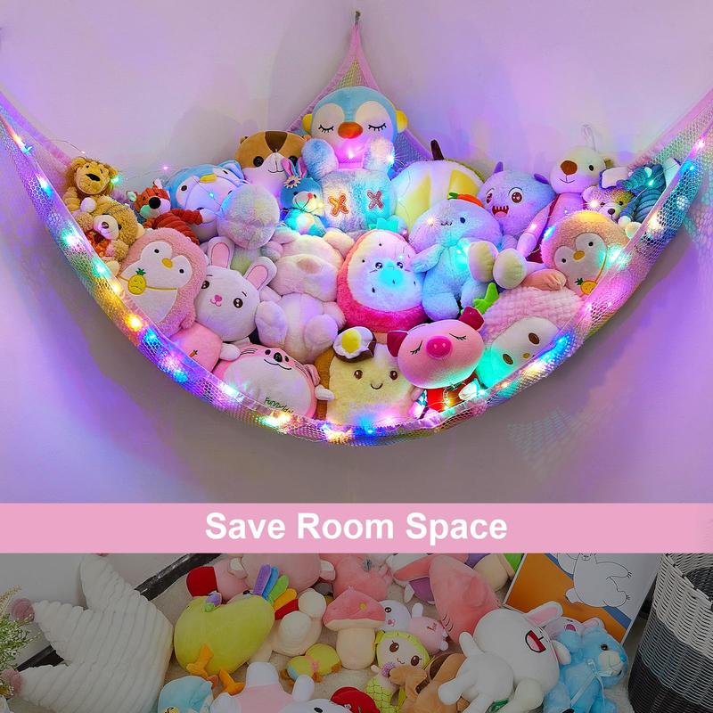 Stuffed Animals Net or Hammock Kids Toy Storage Organizer with LED Light Hanging Corner Stuffed Animals Holder Kids Girls Room Decor