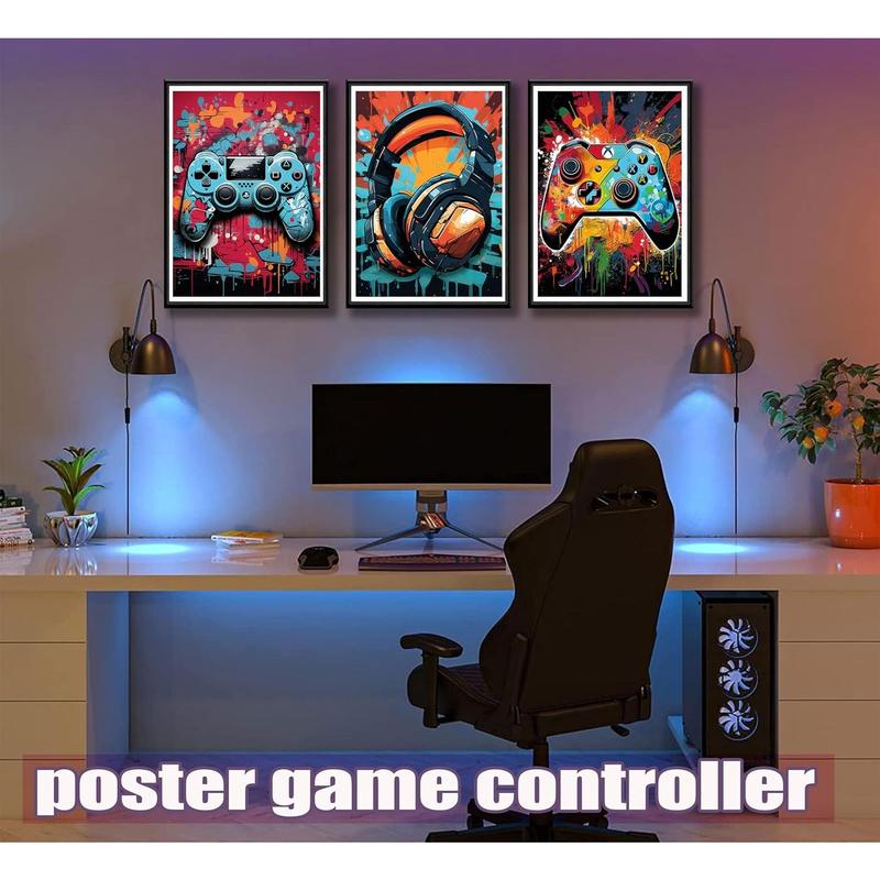 3 Pack Cool Gaming Wall Art Retro Video Game Watercolor Poster Picture Colorful Neon Gamepad Canvas Painting Prints for Boys Room Playroom Bedroom Boys Home Decor 12x16 Inch Unframed