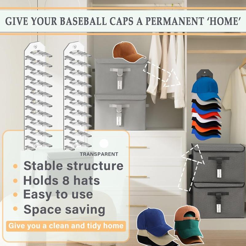 2 Pack Hat Organizer for Baseball Caps,Hat Rack for Wall, Compact Hat Storage Display Holder,Hold Up to 20 Hats,Hat Hanger Strong Adhesive Wall Drilled for Door,Bedroom,Closet