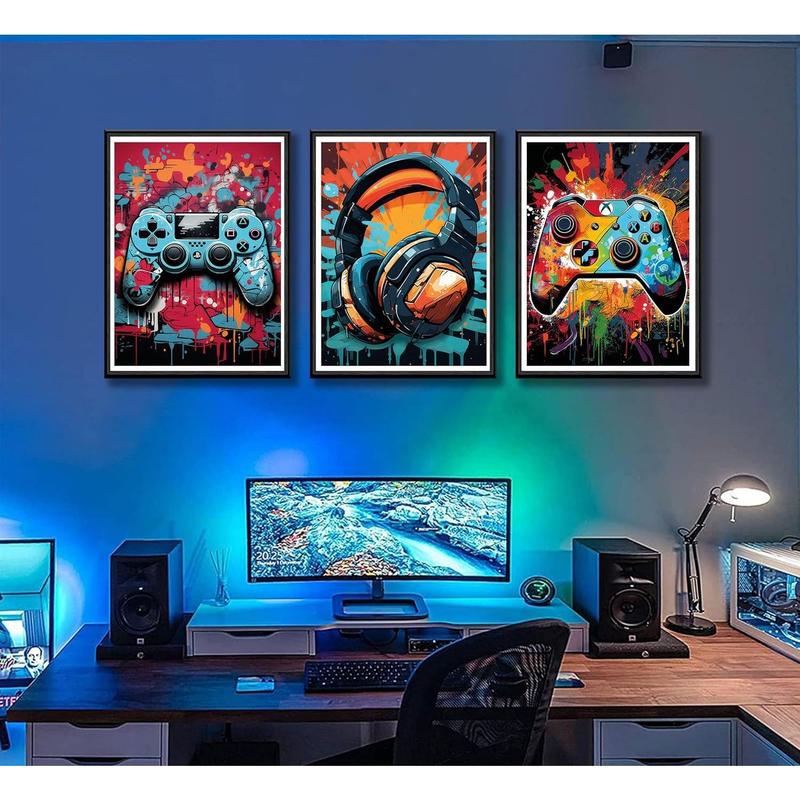 3 Pack Cool Gaming Wall Art Retro Video Game Watercolor Poster Picture Colorful Neon Gamepad Canvas Painting Prints for Boys Room Playroom Bedroom Boys Home Decor 12x16 Inch Unframed