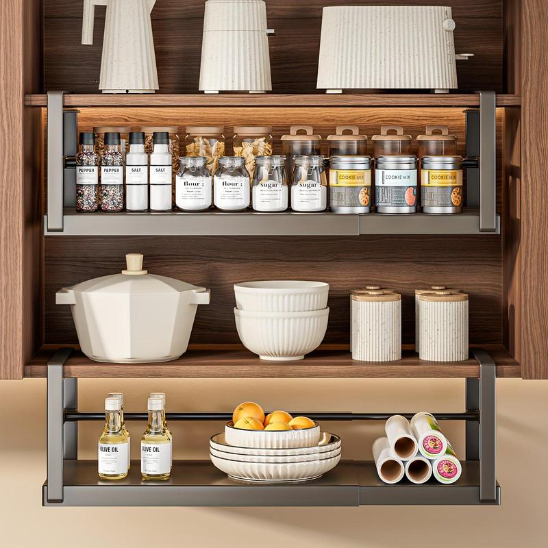 Under Shelf Storage Basket, 1 Count Adjustable Width Under Cabinet Add-on Storage Rack, Slide-in Basket Organizer for Cabinet Pantry Kitchen Cupboard Desk