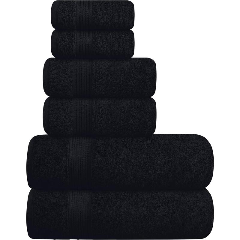 Ultra Soft 6 Pack Cotton Towel Set, Conta 2 Bath Towels 28x55 inch, 2 Hand Towels 16x24 inch & 2 Wash Coths 12x12 inch, Ideal for Everyday use, Compact & Lightweight - Black