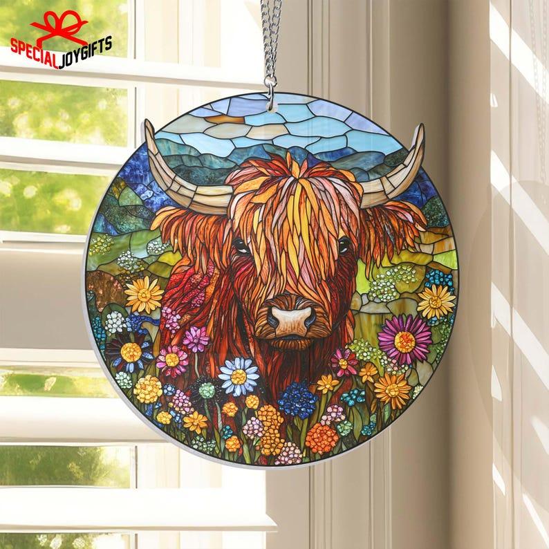 Floral Highland Cow Suncatcher Window Hanging, Cow lover gift, Stained Glass Ornament, Housewarming, Christmas Indoor Hangable Decoration