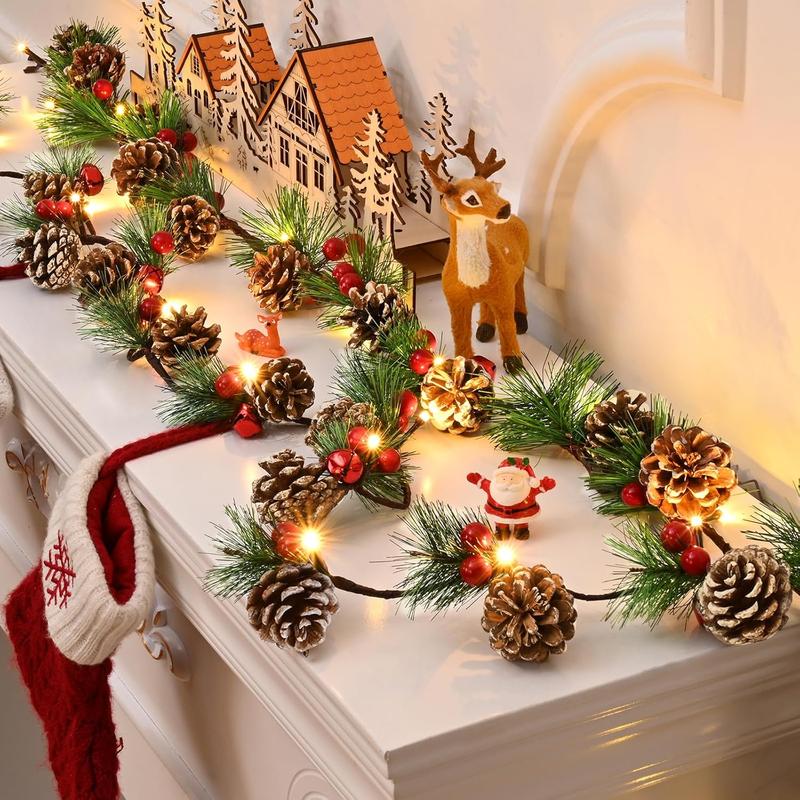 2 Pack Christmas Garland with Lights, 6.6Ft Prelit Christmas Garland, Lighted Christmas Garland, Pine Garland with Pine Cones, Red Berry, Christmas Decoration, Winter Home Mantle Fireplace Table，Black Friday Deal.