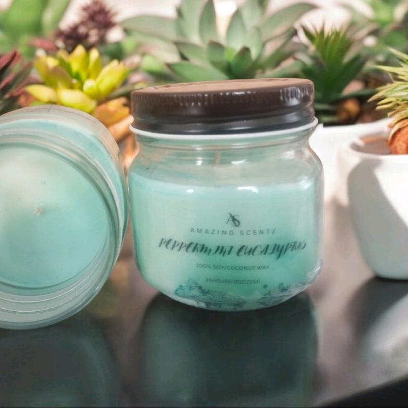 Peppermint Eucalyptus Mason Jar Homemade Candles 8oz- Scent